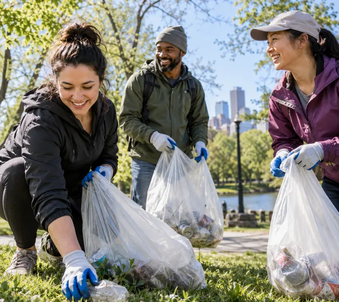 AI-generated illustration: Volunteers cleaning a local park