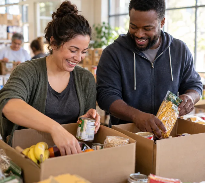 AI-generated illustration: Volunteers packing food donations