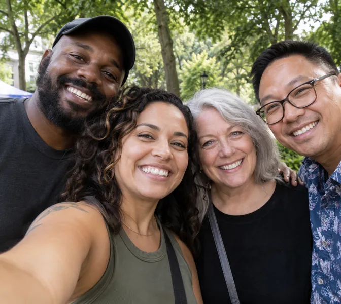 AI-generated illustration: Community members taking a group selfie