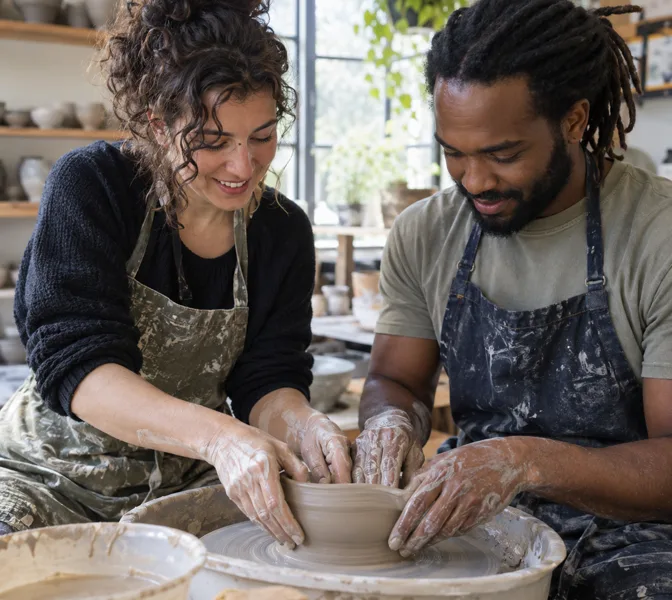 AI-generated illustration: Members learning pottery together