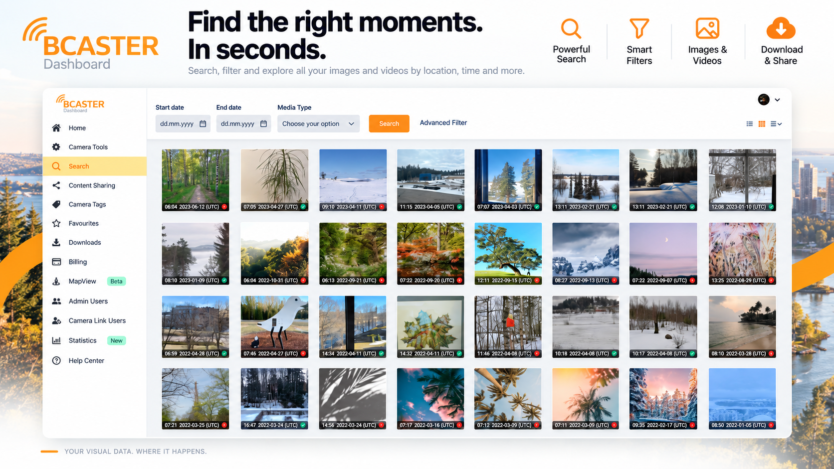 BCaster visual content gallery and search interface