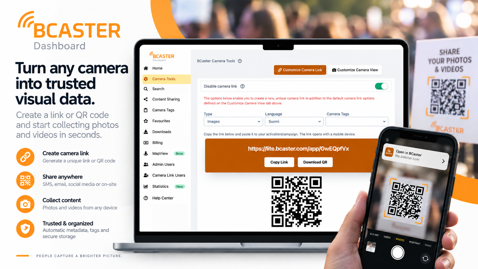 BCaster QR code and mobile capture experience